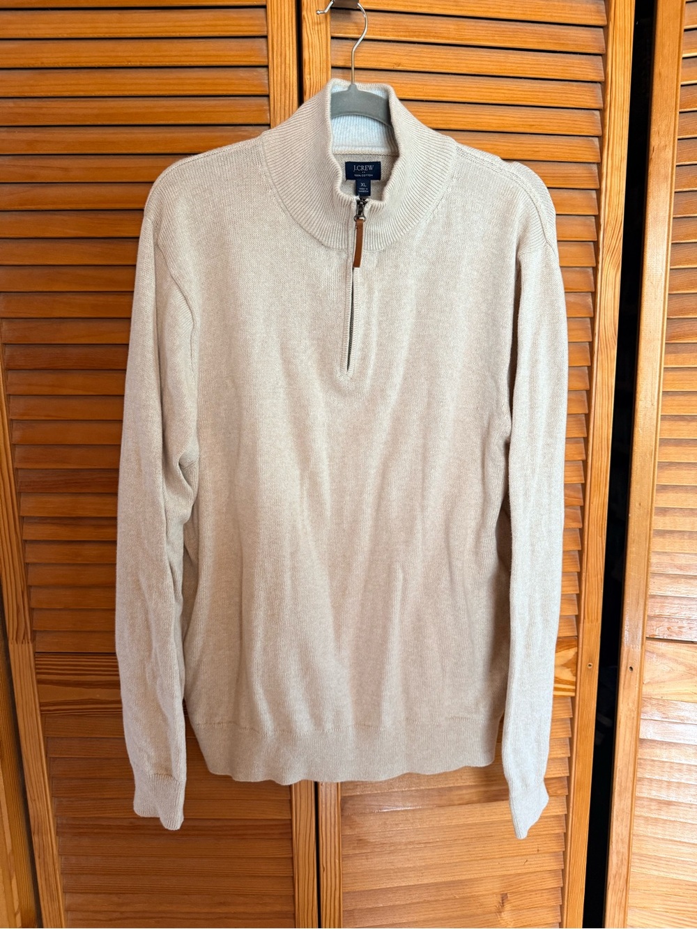 J. Crew Men’s Beige Quarter -Zip Sweater with Leather Zip Pull 100% Cotton